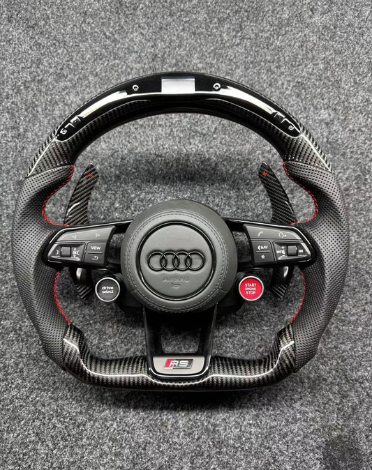 Audi R8 Sports Carbon Fiber Steering Wheel, Two-button Paddles, LED Racing Lights, Suitable for New and Old Car Upgrade Assembly